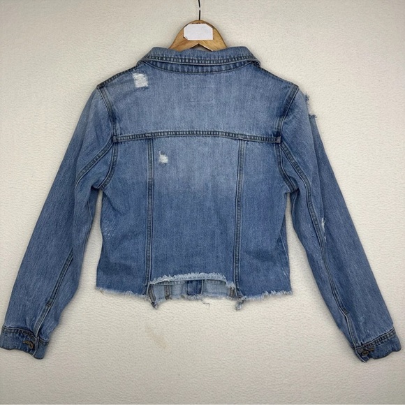 KanCan Los Angeles Size Small Distressed Denim Blue Jean Jacket Raw Hem Buttons - Picture 2 of 16
